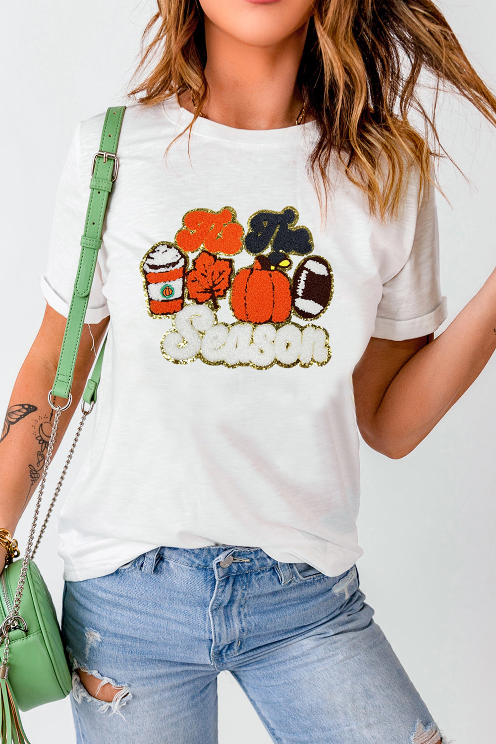 White Iis The Season Pumpkin Spice Terry Flocking Graphic Crewneck T Shirt 5c9835e673a4d8bf