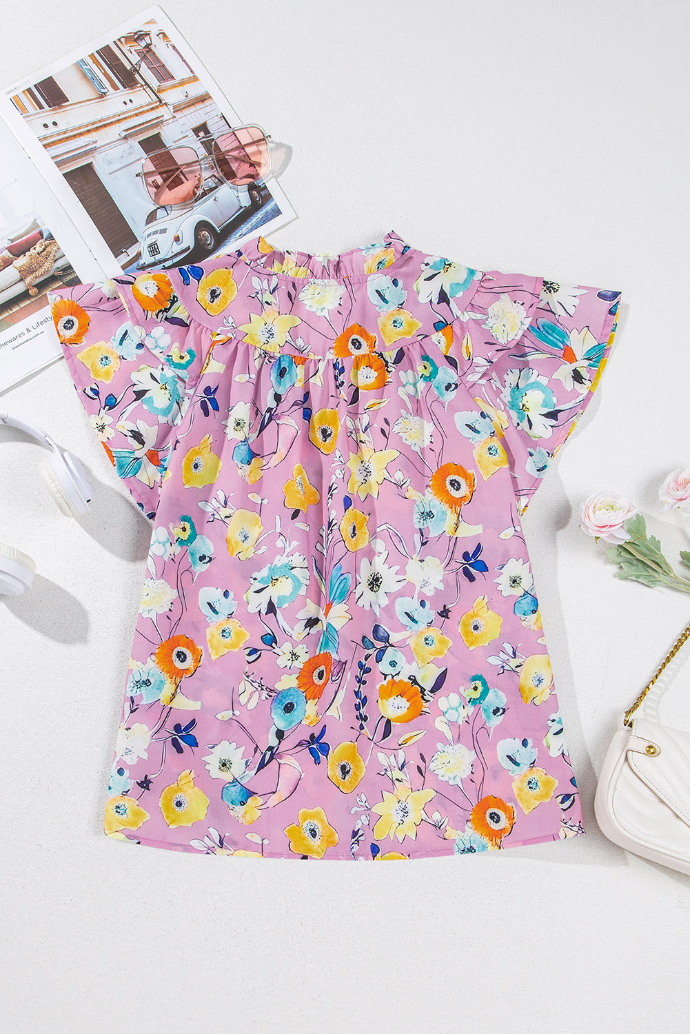 Pink Flutter Sleeve Frill V Neck Floral Top 5d807a811068ec26