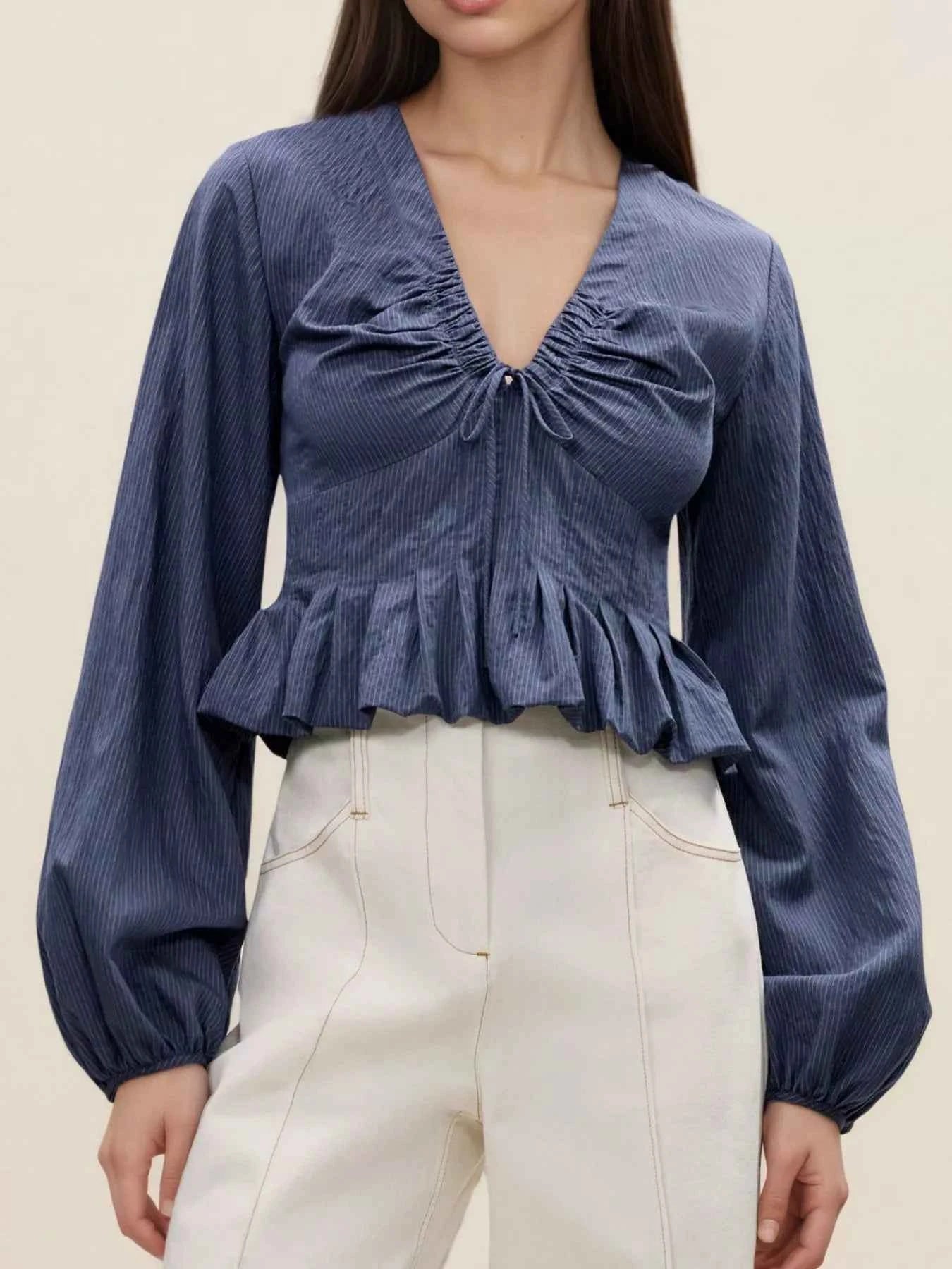 Ruffled Hem Balloon Sleeve Blouse Navy 5d8eff11-7412-4de9-b1b6-7aa0a3ba3a05-Max-Origin