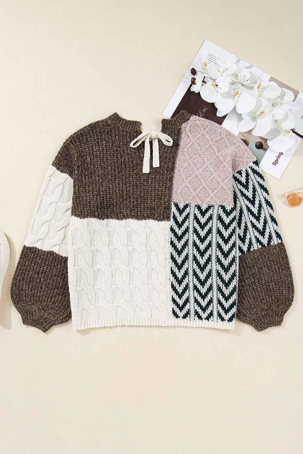 Brown Plus Size Color Block Patchwork Knotted Back Loose Fit Sweater 5d916b628cd238a6