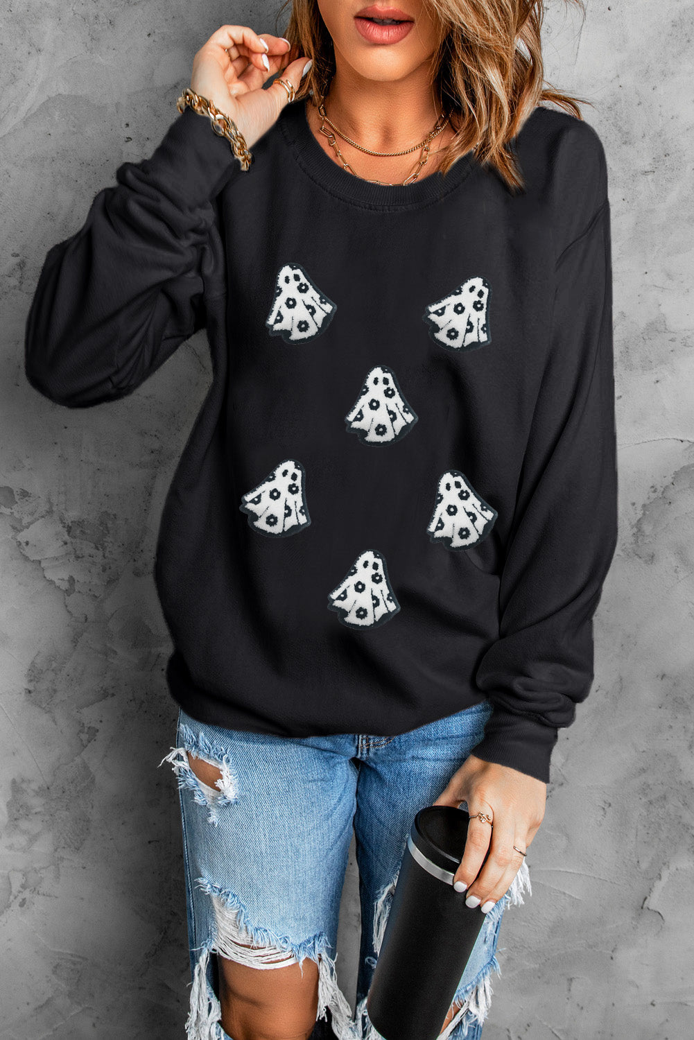 Black Playful Halloween Ghost Terry Flocking Loose Pullover Sweatshirt 5d96193b18b0fb3e