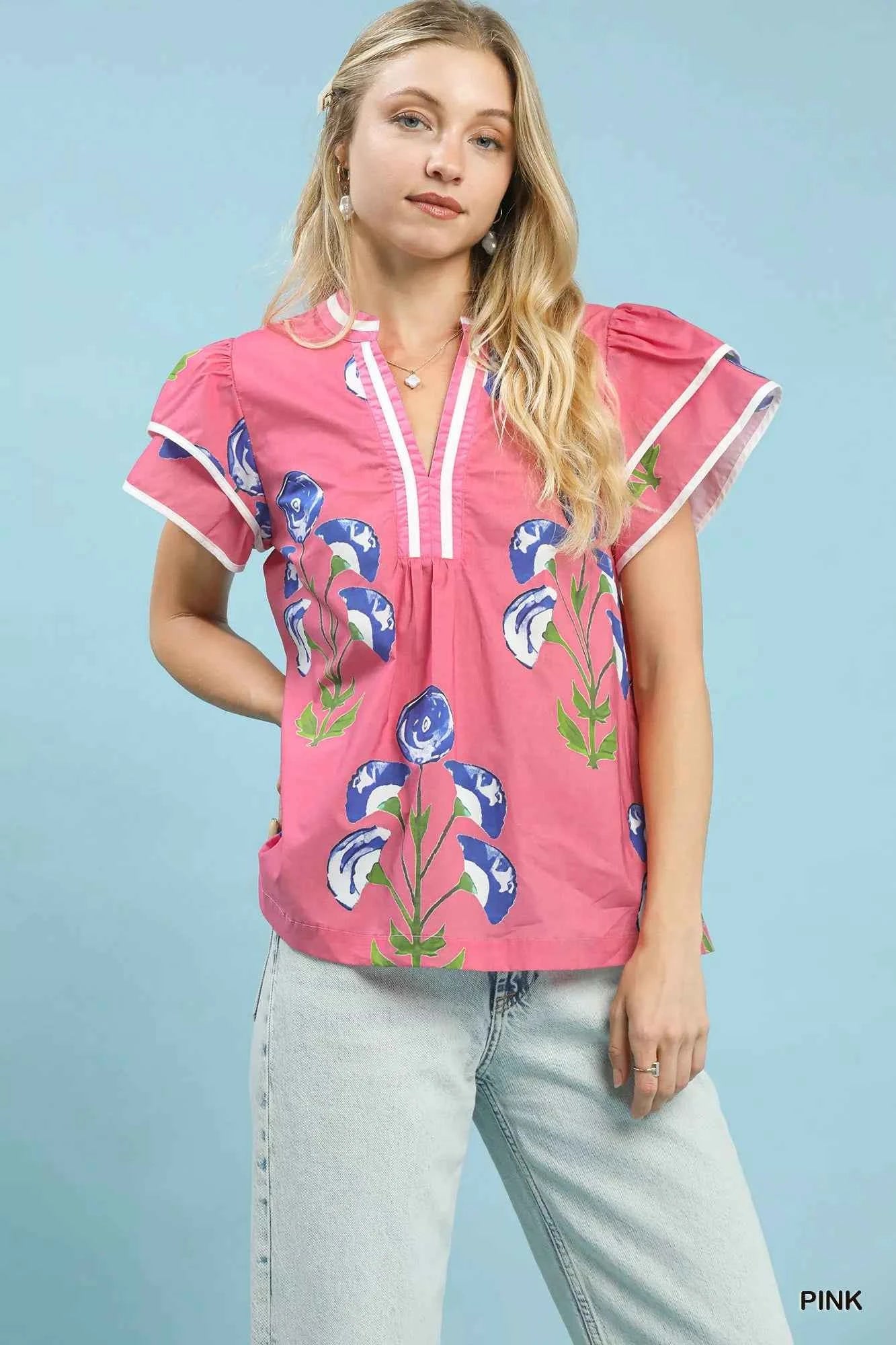 Umgee Blossom Meadow Print Blouse with Contrast Trim