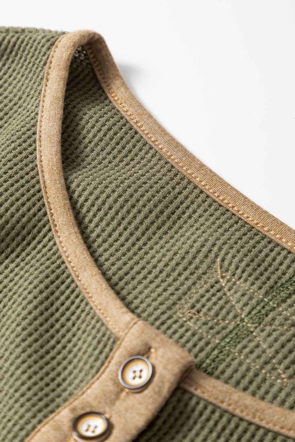 Vineyard Green Waffle Textured Patchwork Tunic Henley Top