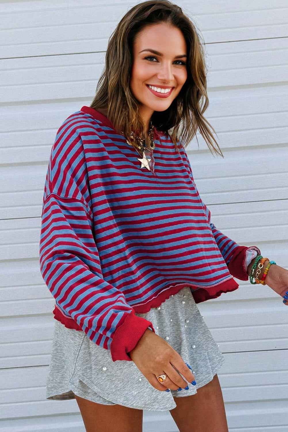 Red Stripe Exposed Seam Contrast Ribbed Trim Oversize Sweatshirt