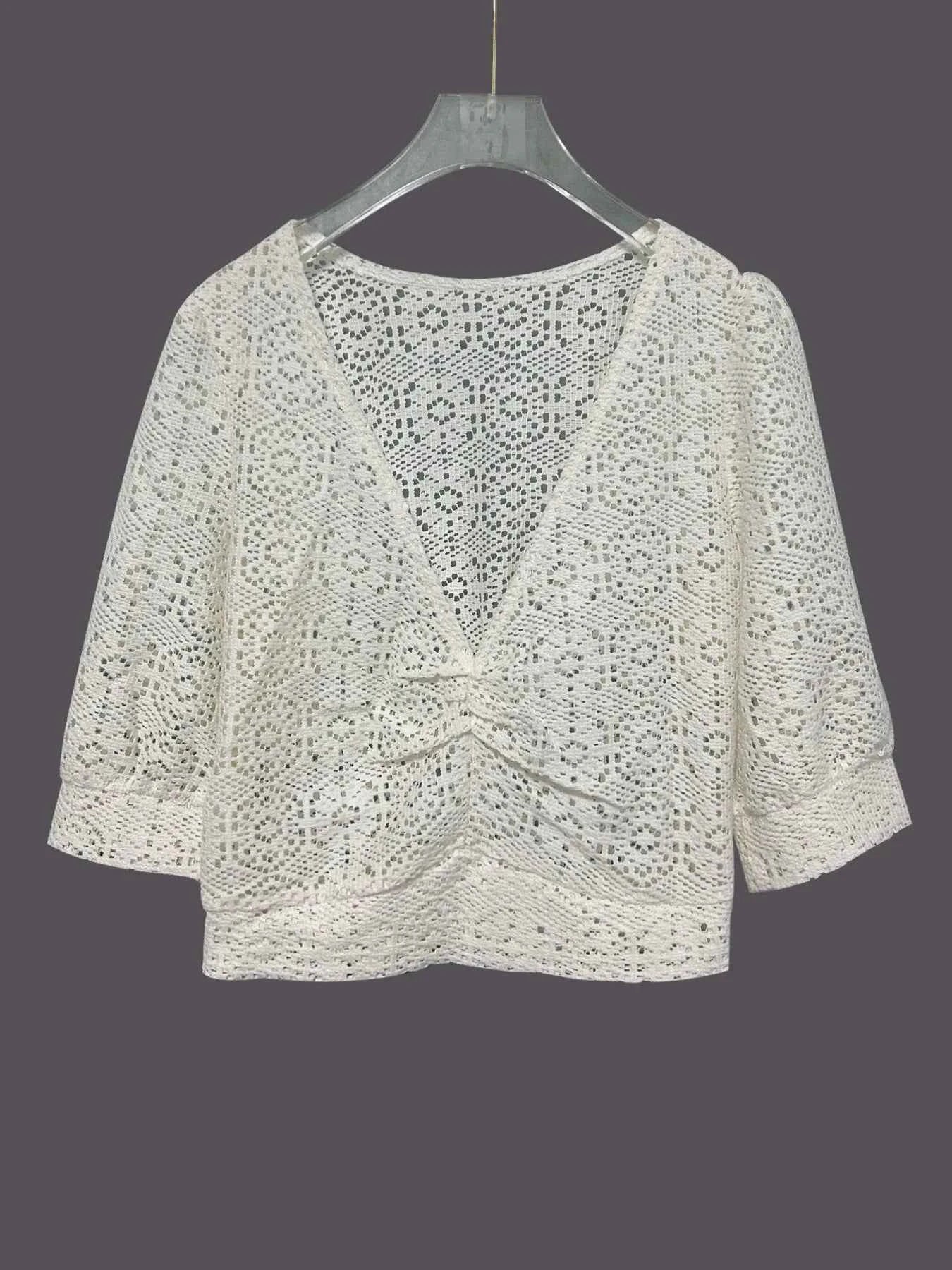 Ruched V-Neck Openwork Crop Knit Top 5e7b81b549894fad8643dd3f1934c4b2-Max-Origin