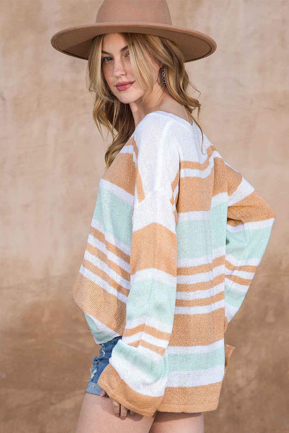 Multicolor Colorblock Stripe V Neck Split Sweater 5e886ef477a75eb6