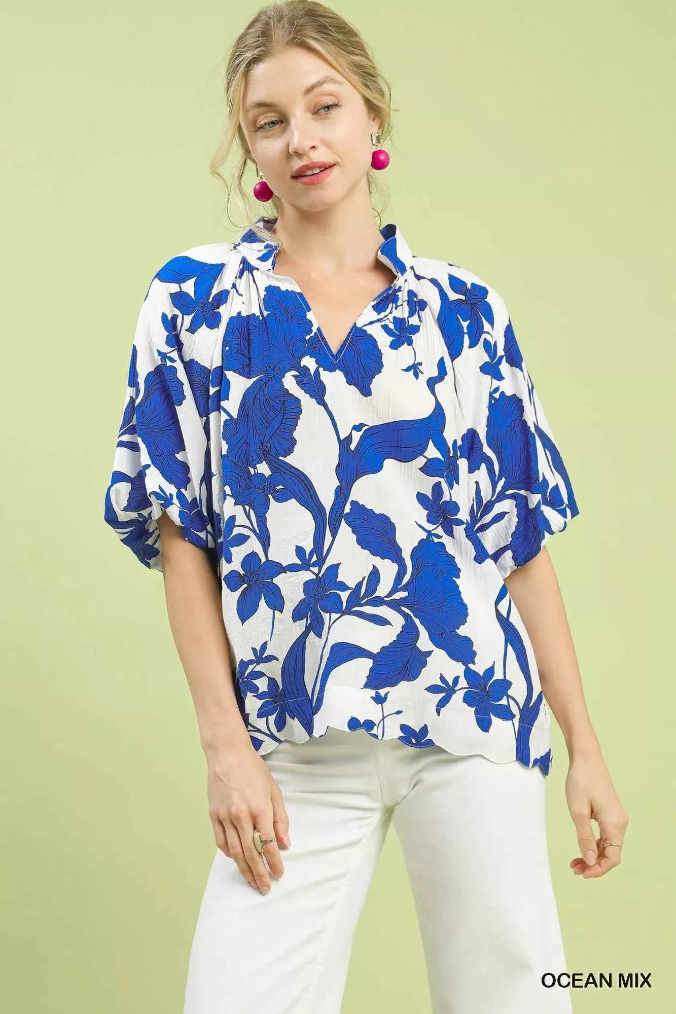 Umgee Floral Print Puff Sleeve Blouse with Scallop Hem OCEAN MIX 5efb9d94-e633-4559-b244-88467f46cdad-Max-Origin