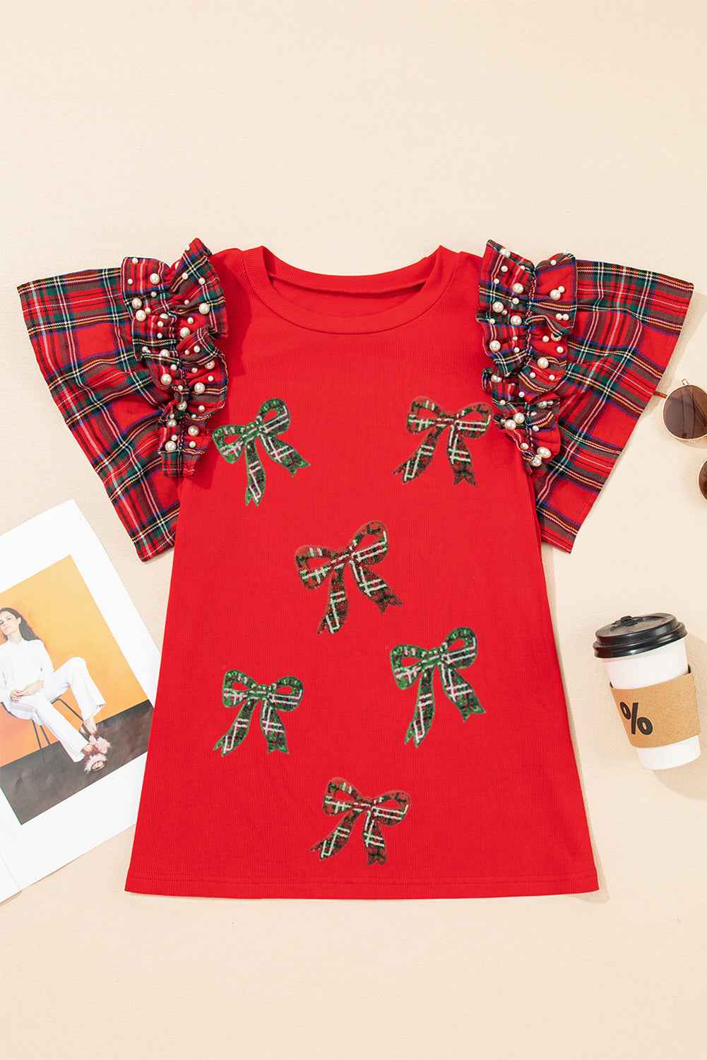 Racing Red Bow Pattern Sequins Patch Pearled Plaid Ruffle Short Sleeve Patchwork Xmas T Shirt 5f8c647fad7902ac