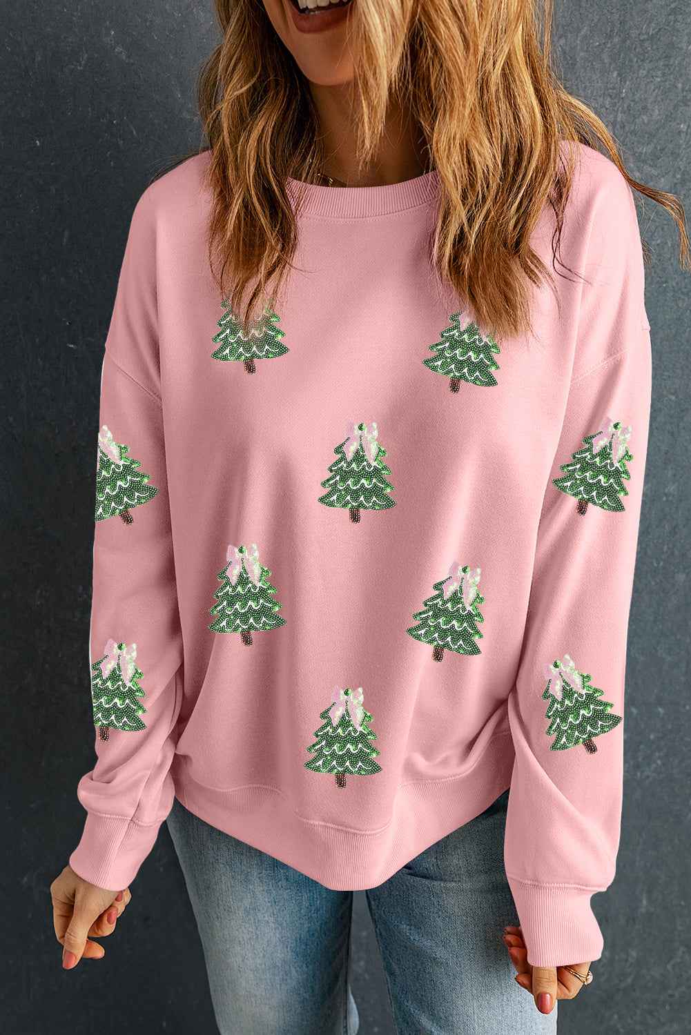 Pink Sequined Xmas Tree Patched Patterned Holiday Pullover Sweatshirt