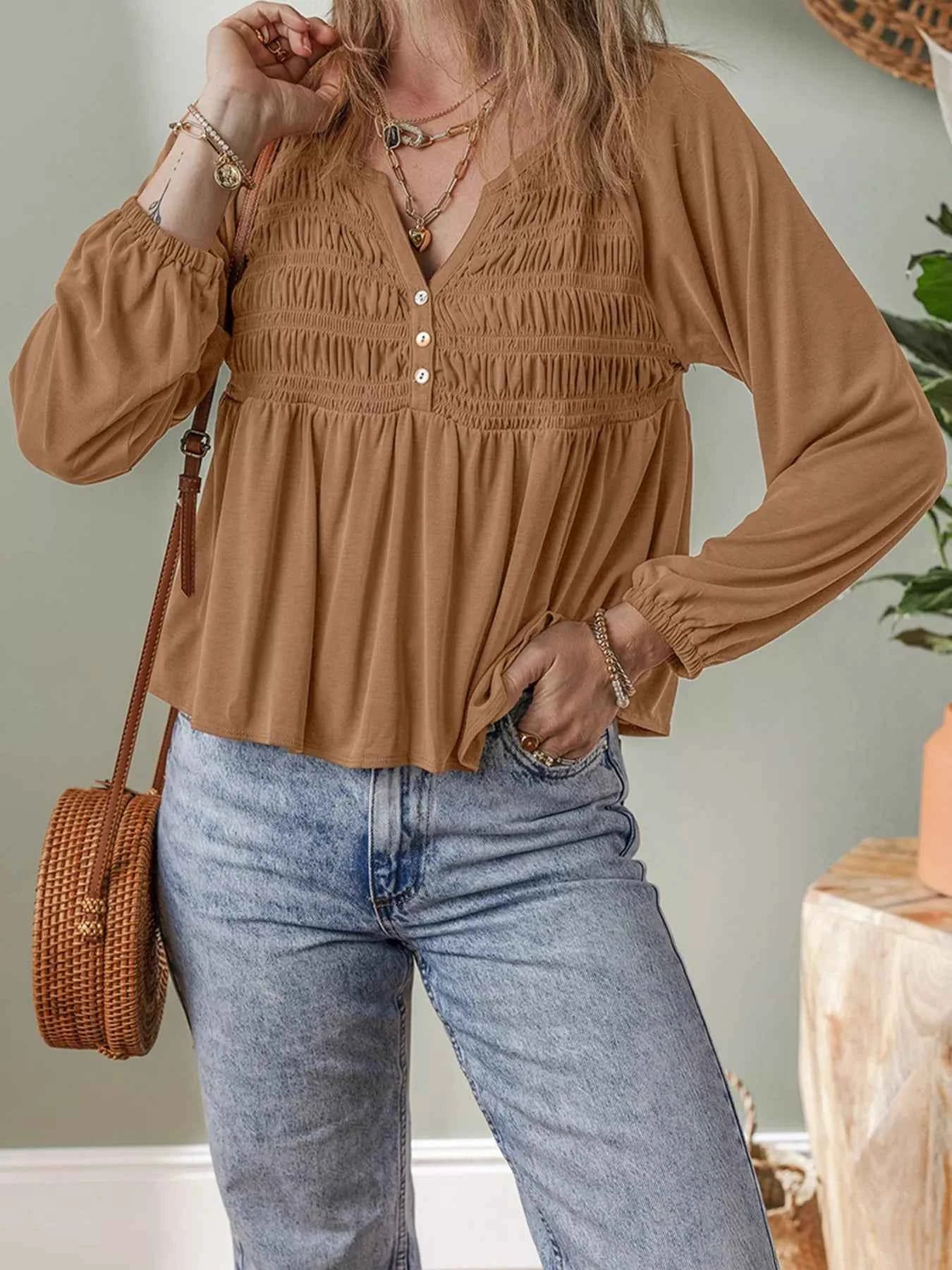 Smocked Buttoned Split V Neck Flow Fit Blouse Caramel 606c55812afc4ce59f760969b775deae-Max-Origin
