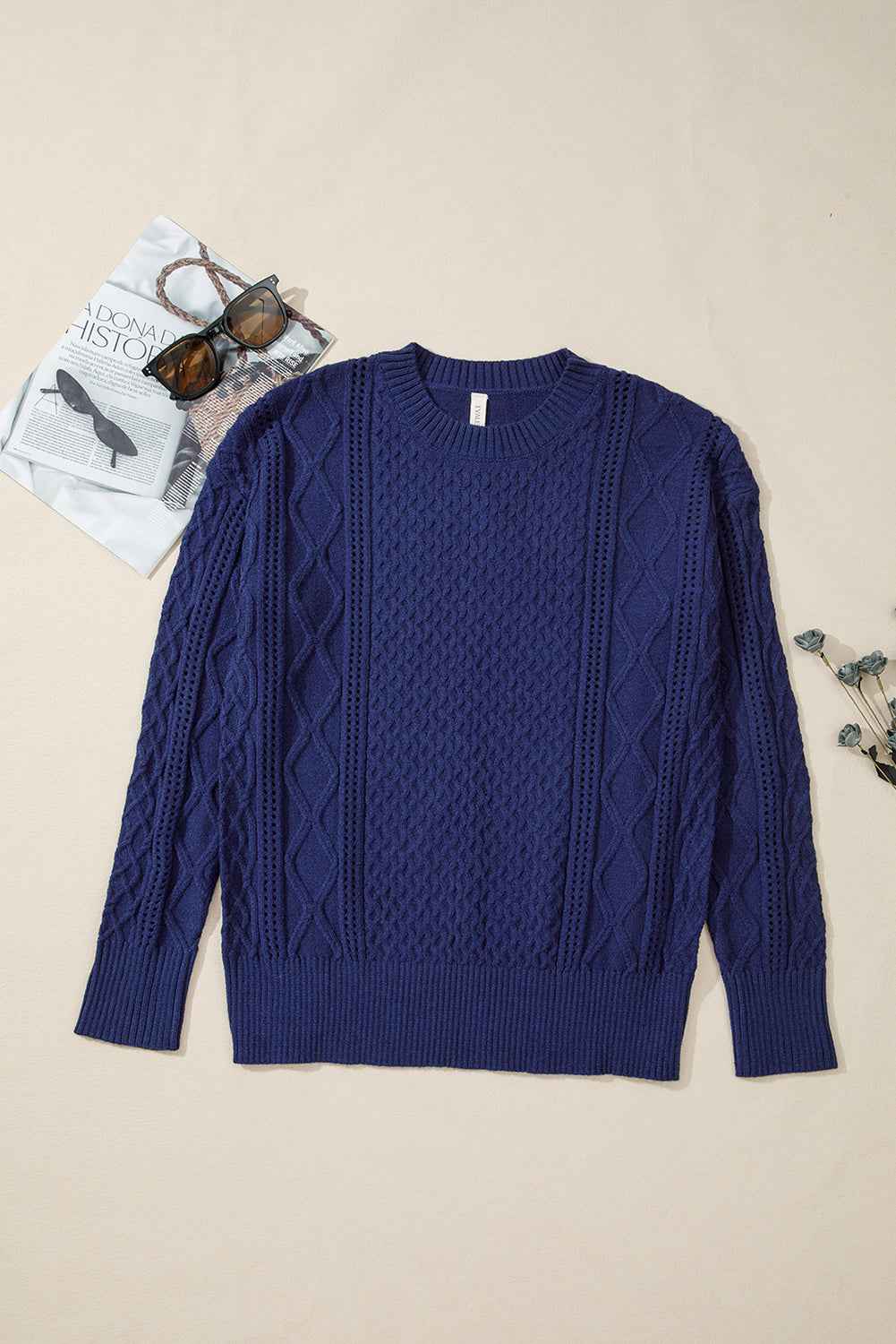 Navy Blue Mix Texture Knit Eyelet Detail Casual Sweater 6082abed5e1de998