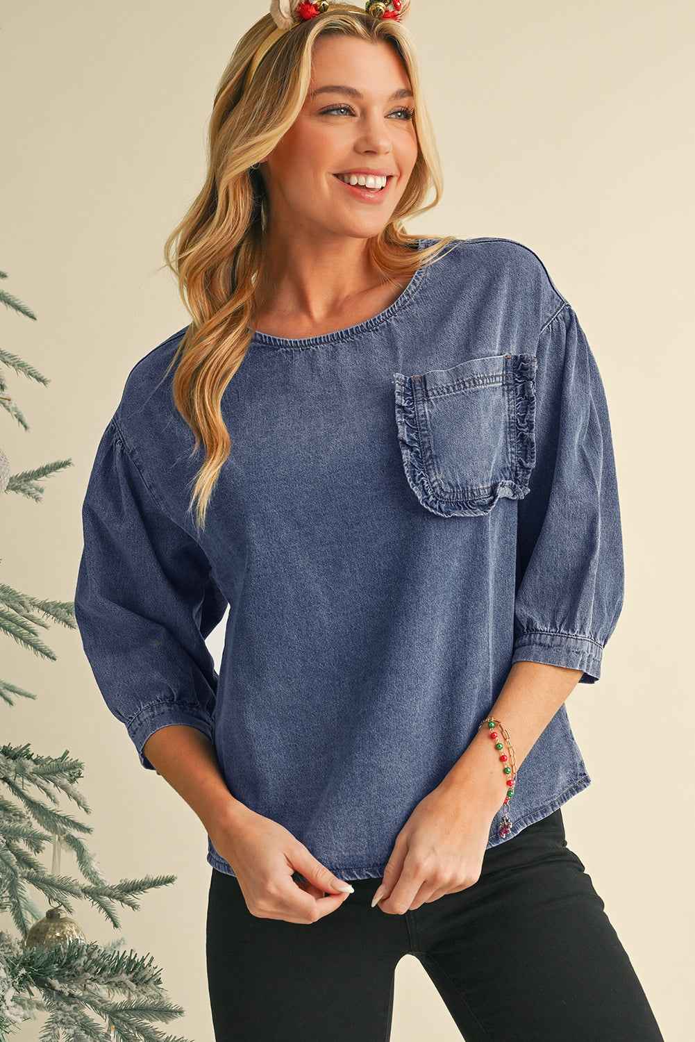 Sky Blue Frill Trim Puff Sleeve Pocket Denim Blouse 60baf8a354e66bd3