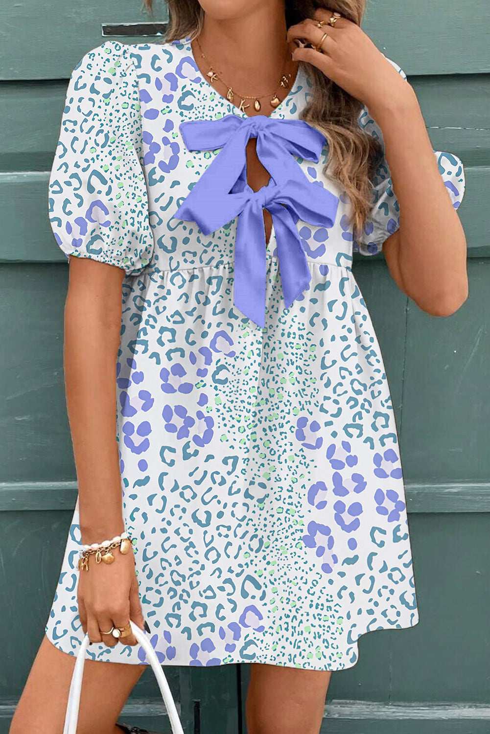Sky Blue Leopard Bow Front Puff Sleeve Mini Dress Sky Blue 611656e97e0743d8-_1