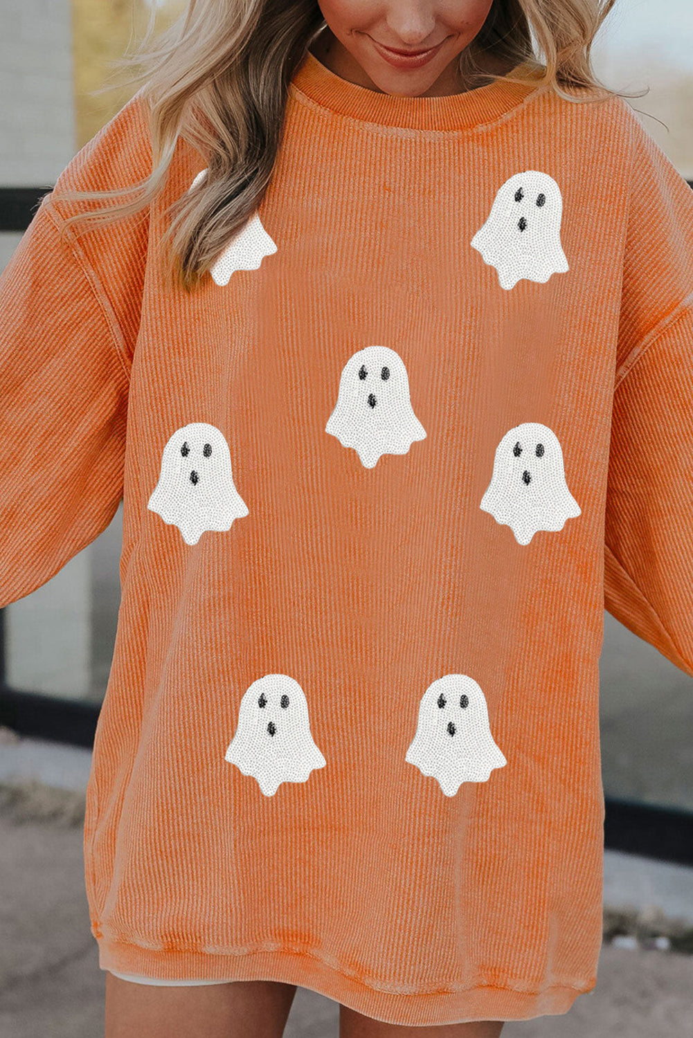 Orange Twisted Ribbed Texture Halloween Ghost Sequin Patched Sweatshirt Orange-3 100%Polyester 6277380491085921