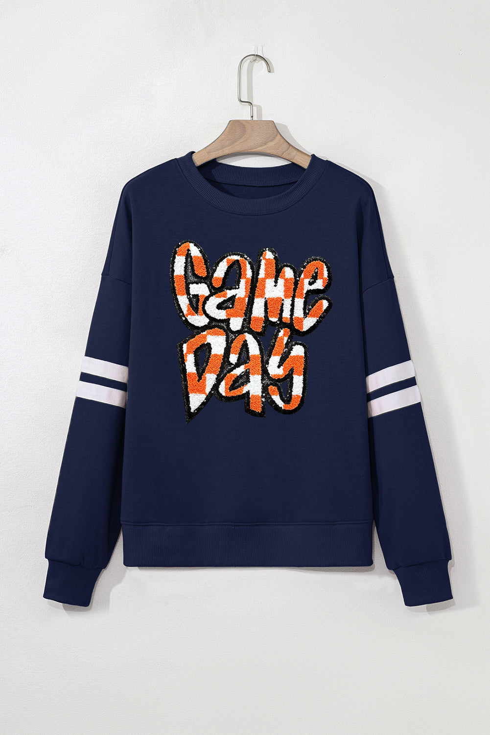 Navy Blue Game Day Chenille Checkered Letter Patch Application Oversized Varsity Sweatshirt 628bf9242c506b22