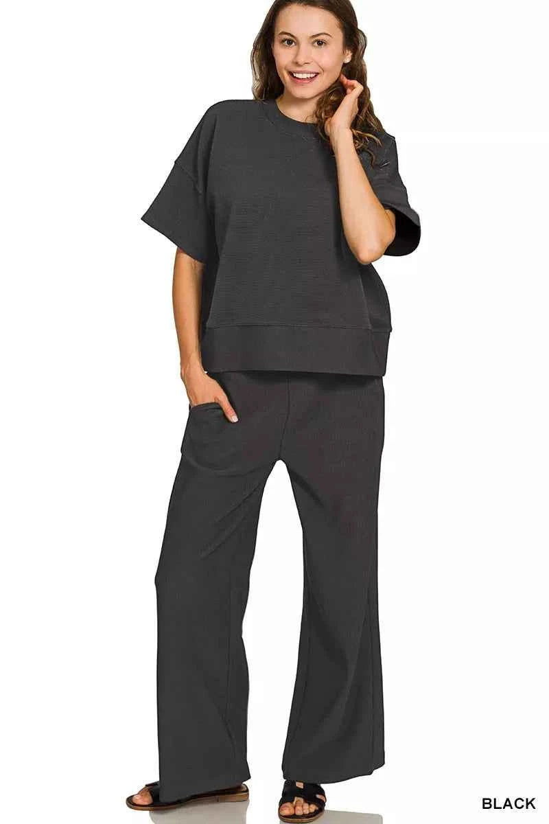 Zenana Ribbed Round Neck Tee & Pants Set BLACK 628e7bf192be4943a1a7266742d1cb61-Max-Origin