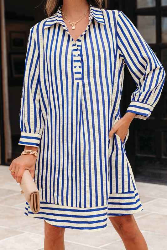 Stripe Buttoned Collar Side Pockets Mini Dress Blue Stripe 6298a2bb-c2b2-42af-9d9d-eebda95e3b07