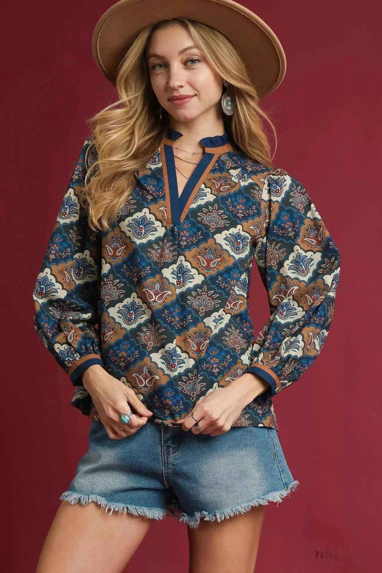 Umgee Abstract Print Ruffle Neck Top NAVY MIX 6309782d-a51f-4128-97b4-17c42830625e-Max-Origin