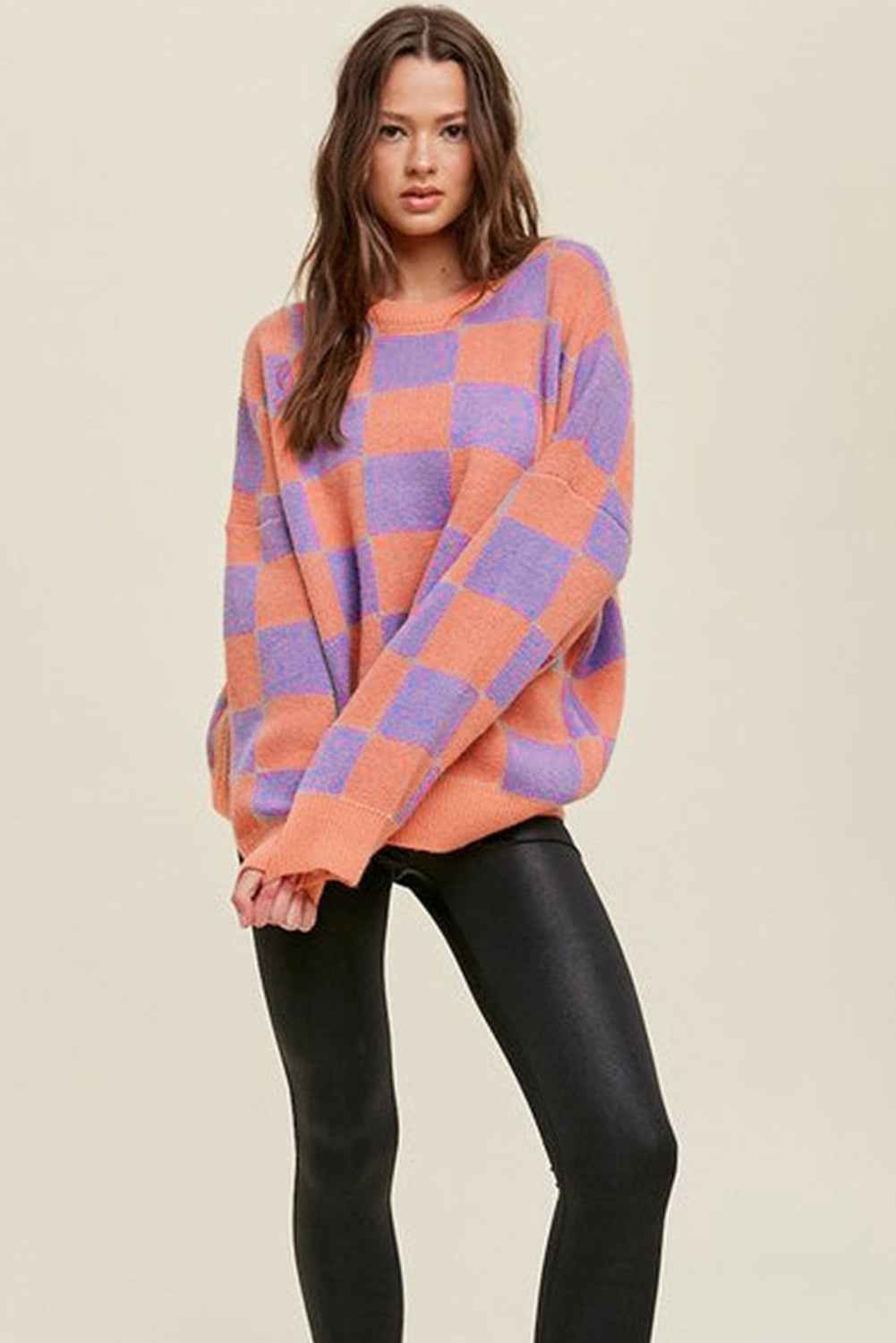 Parchment Checkered Pattern Ribbed Trim Knit Baggy Sweater