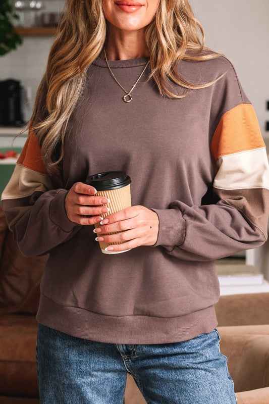 Colorblock Drop Shoulder Pullover Sweatshirt Dark Khaki 63e03371-a6b7-49ab-8bc2-0d1aa9d004e3
