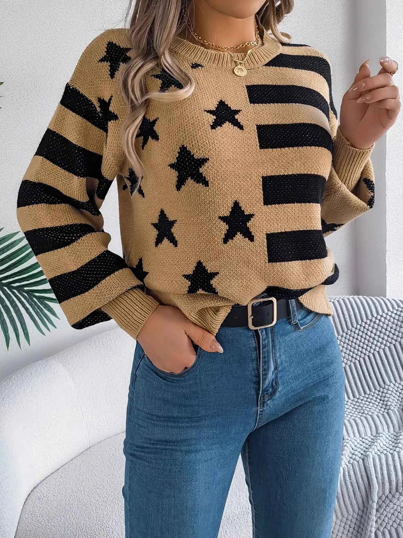 Stars and Stripes Pattern Casual Round Neck Sweater Khaki 6425fcce9df84e4f8fd545368bf1800b-Max-Origin