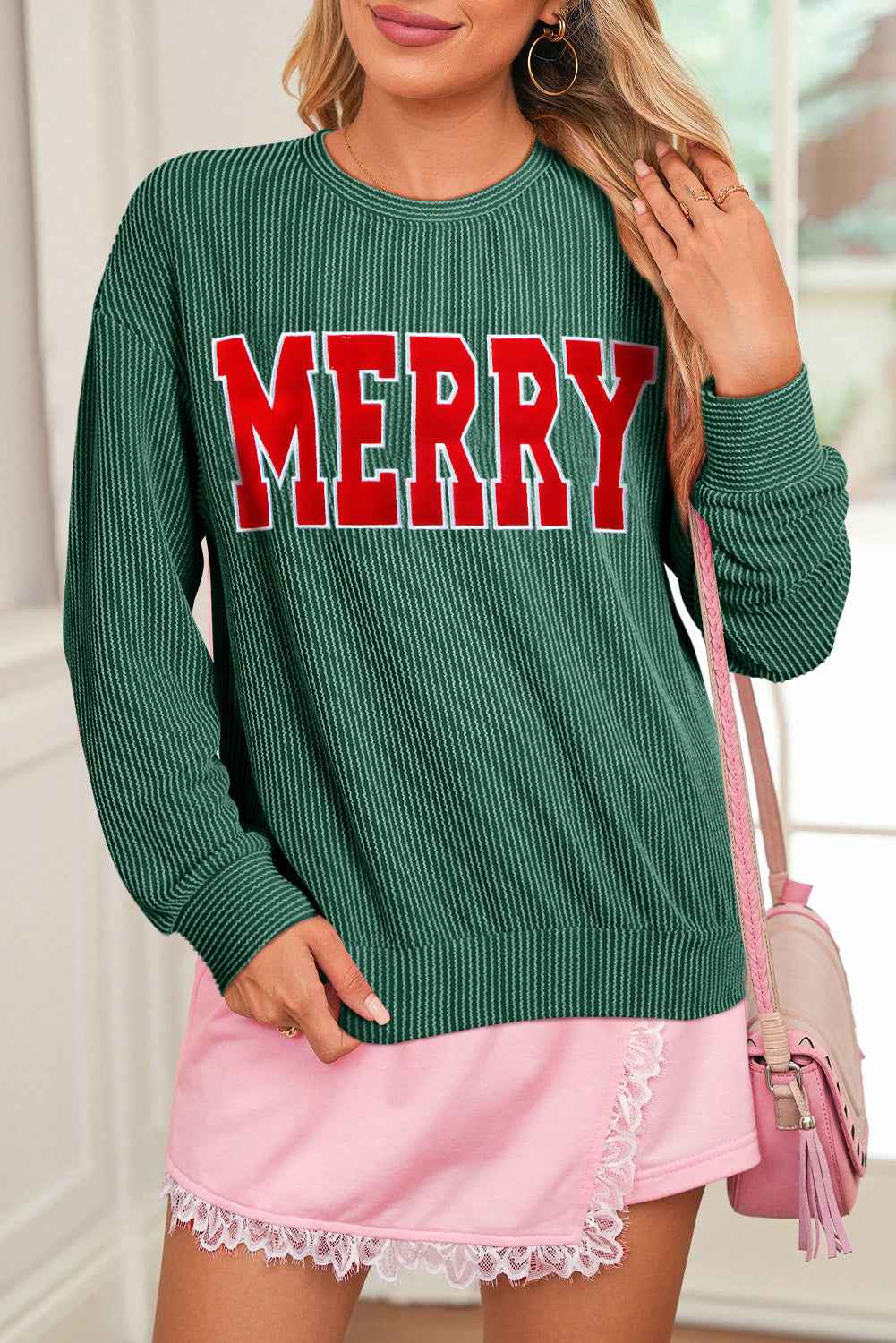 Evergreen Twisted Rib Merry Letter Graphic Loose Long Sleeve Top Evergreen 75%Polyester+20%Viscose+5%Elastane 64c3fa3f52dce28a