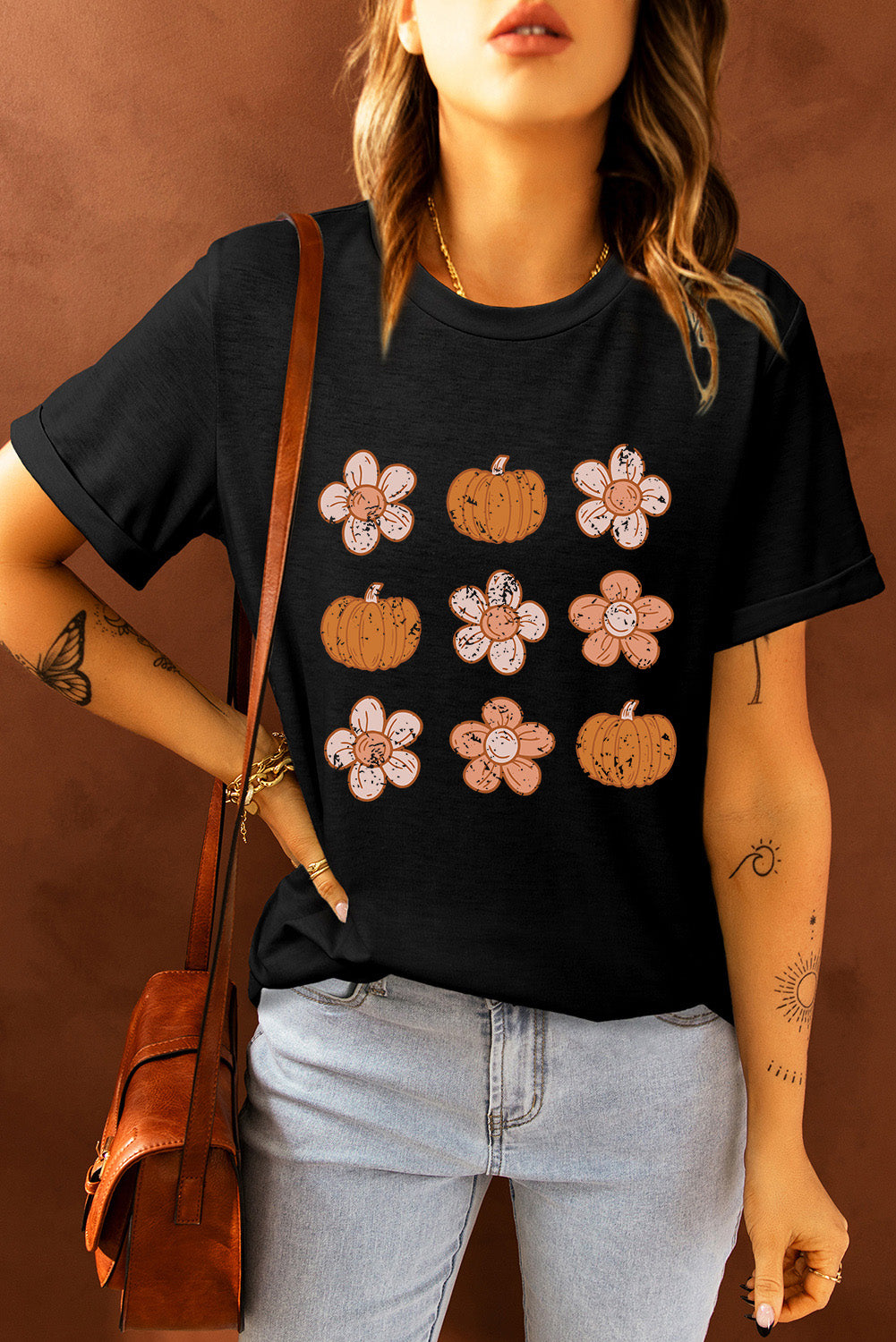 Black Pumpkin Flower Print Short Sleeve Graphic T Shirt 652cc23184749223