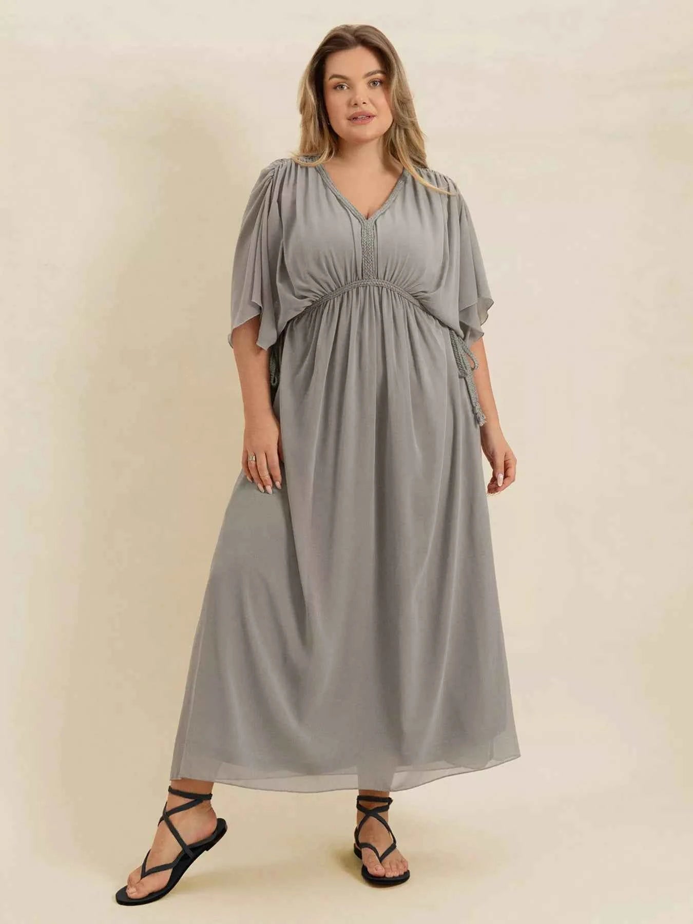 Plus Size V-Neck Flutter Sleeve Dress Gray 654b2f98-6224-47df-a73f-a7f3714dc212-Max-Origin