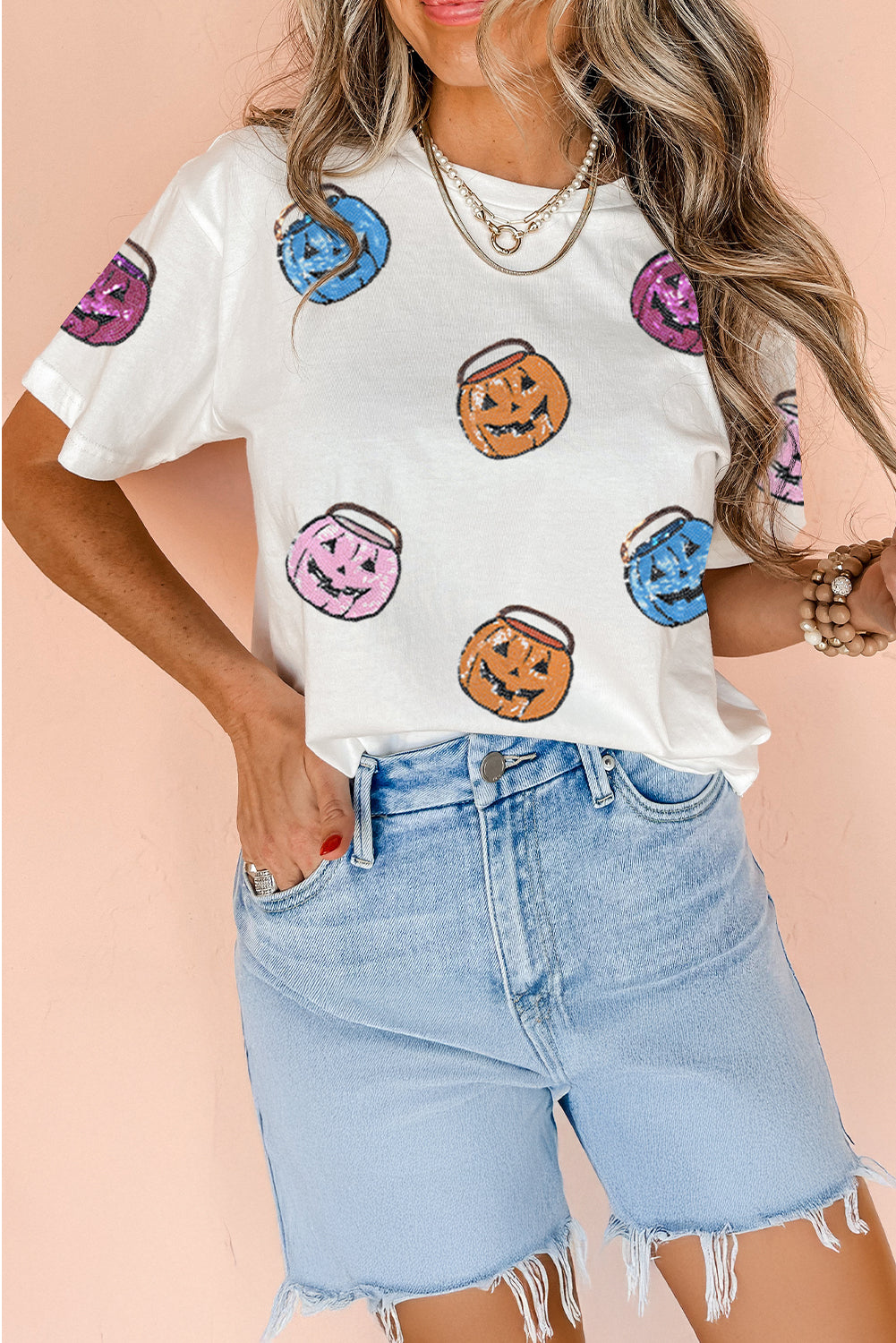 White Sequin Pumpkin Face Patched Crew Neck Holiday T Shirt 65dcbbdf5abed982