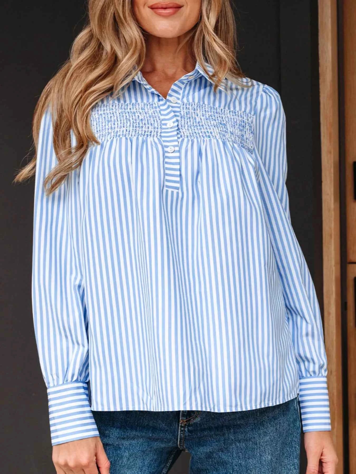 Stripe Shirred Detail Half Placket Collared Long Sleeve Shirt 661fa9a0-e121-4339-87ee-5296ec559fc9-Max-Origin