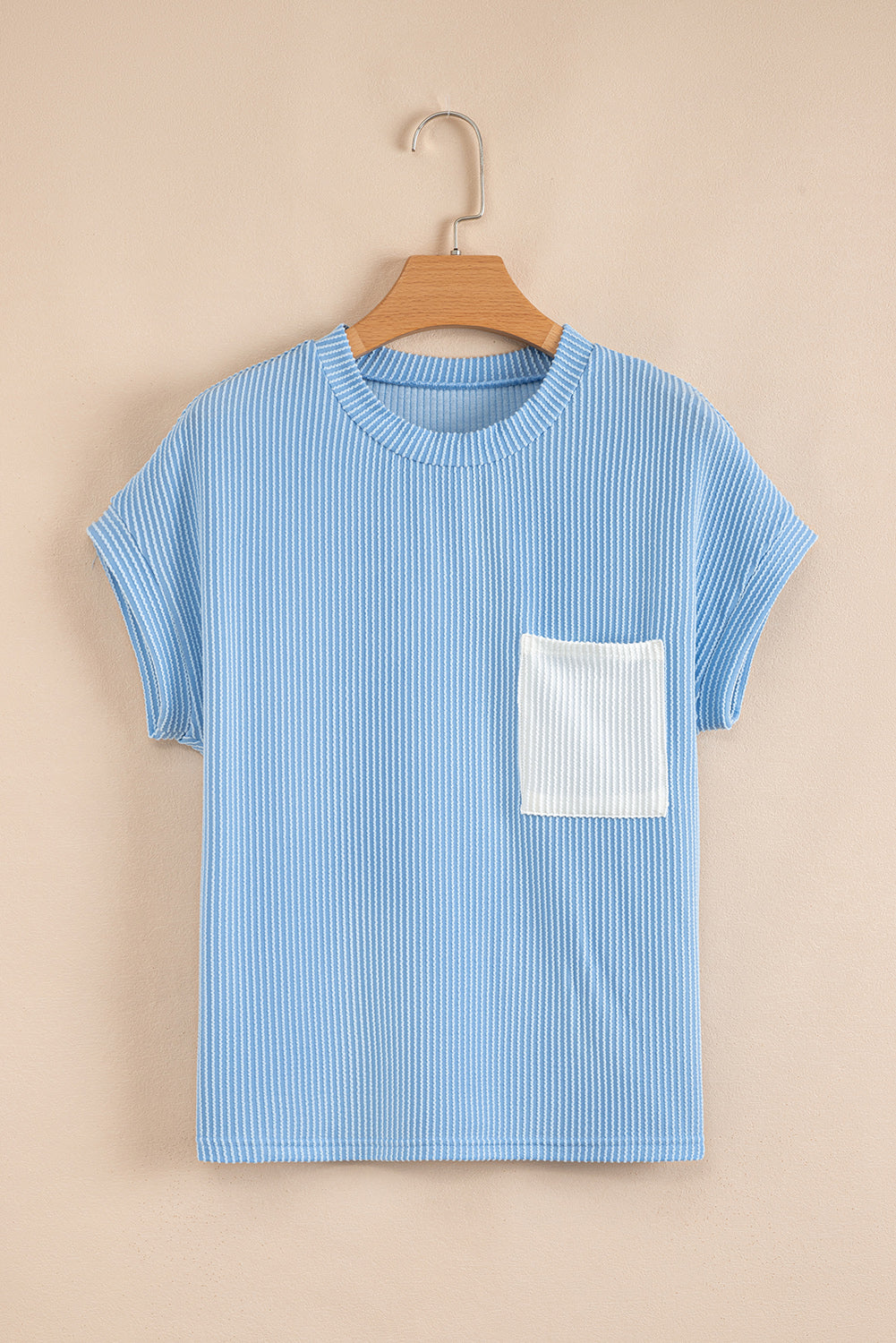 Pink Corded Colorblock Pocket Crew Neck T Shirt 664021cc90876292