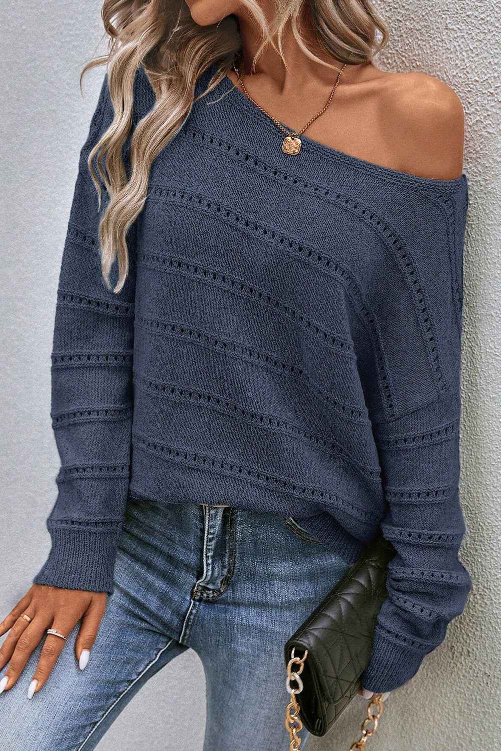 Real Teal Boat Neck Drop Shoulder Pointelle Knit Sweater 666b45439b4bcc0b