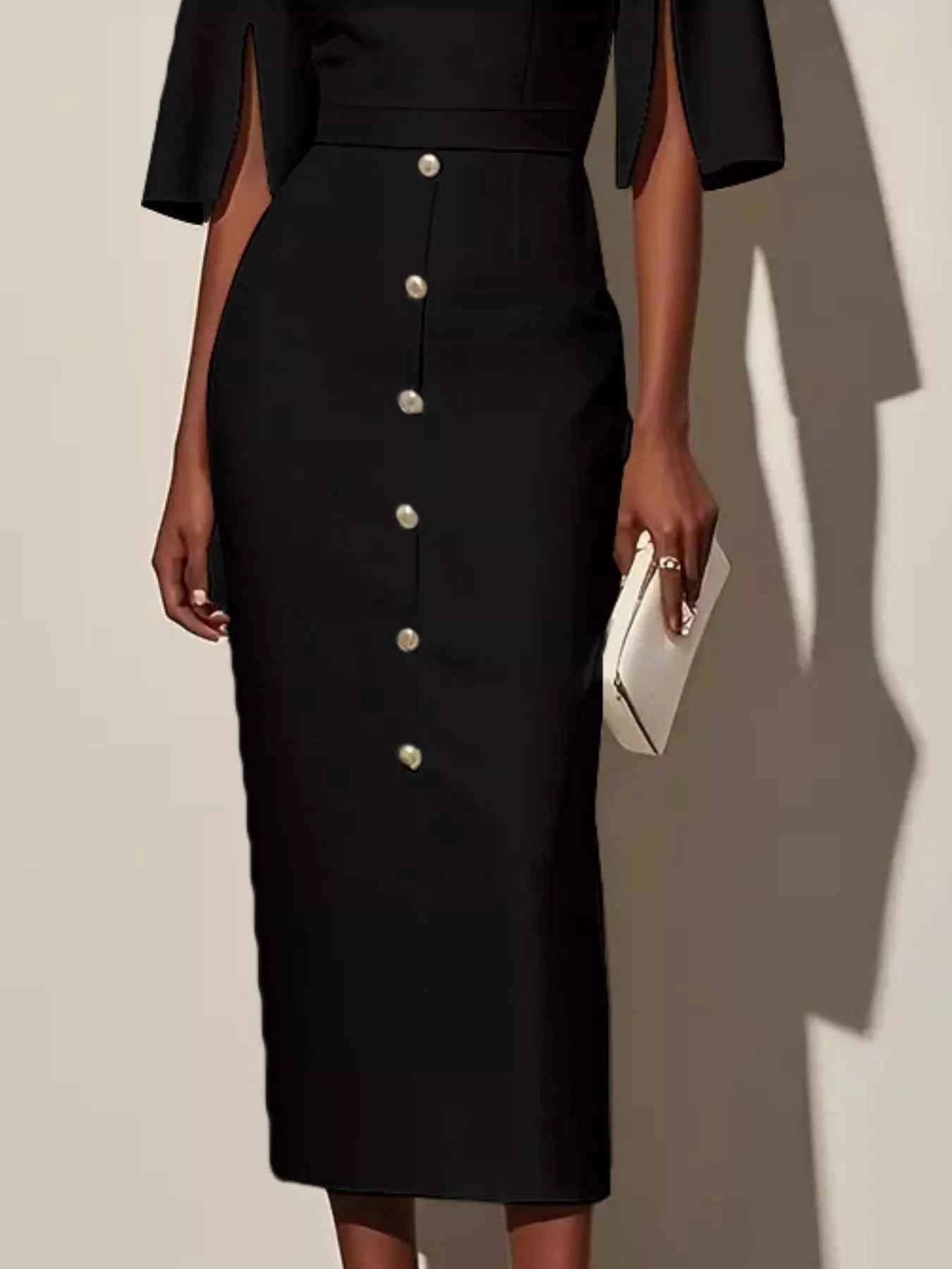 Slit Sleeve Midi Dress with Decorative Button 66788d01-2d48-4016-b0cc-63434418c56a-Max-Origin