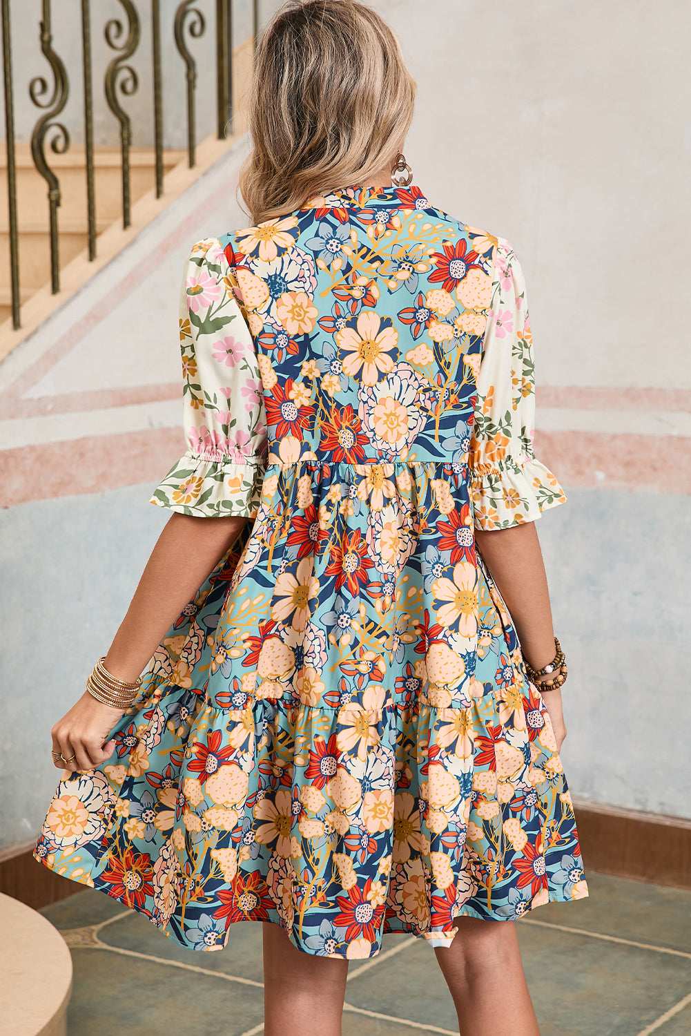 Multicolor Allover Floral Print Tiered Pop of Color Neckline Dress 66e634ed3ed1fda8-_2