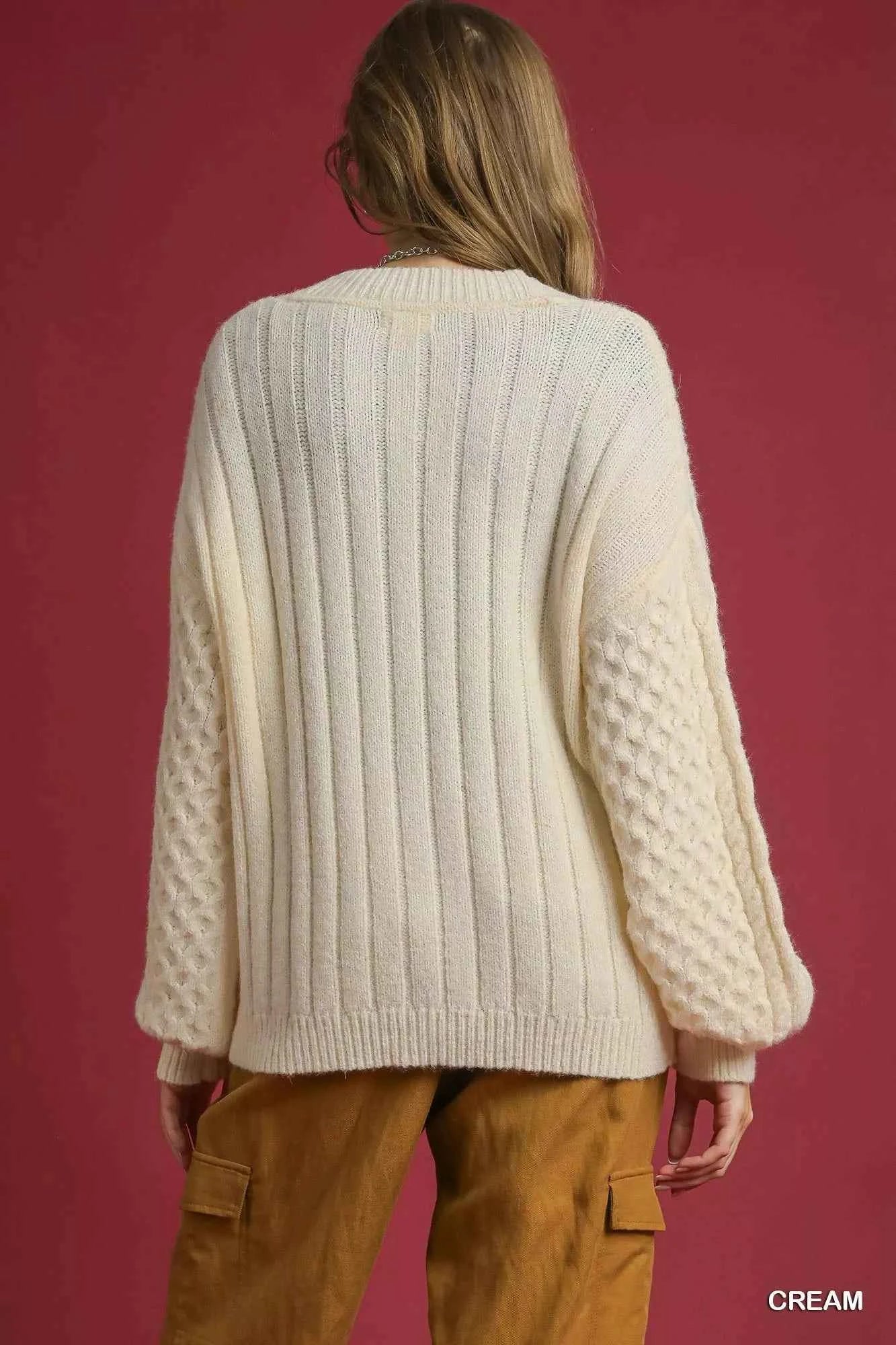 Umgee Cable Knit Pearl Button Cardigan 6700b455-cb0a-4448-85f9-b762d712680f-Max-Origin