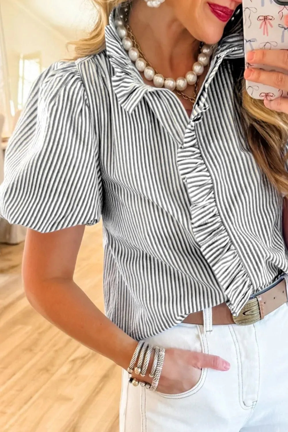 Striped Ruffle Short Bubble Sleeve Shirt