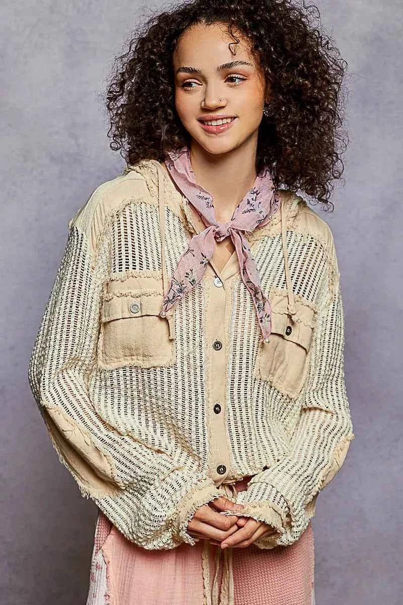 POL Texture Woven Button Down Hooded Shirt with Drawstring Hem CREAM MULTI 67f44071-00e4-4a41-9e97-dcdb935a0ca9-Max-Origin