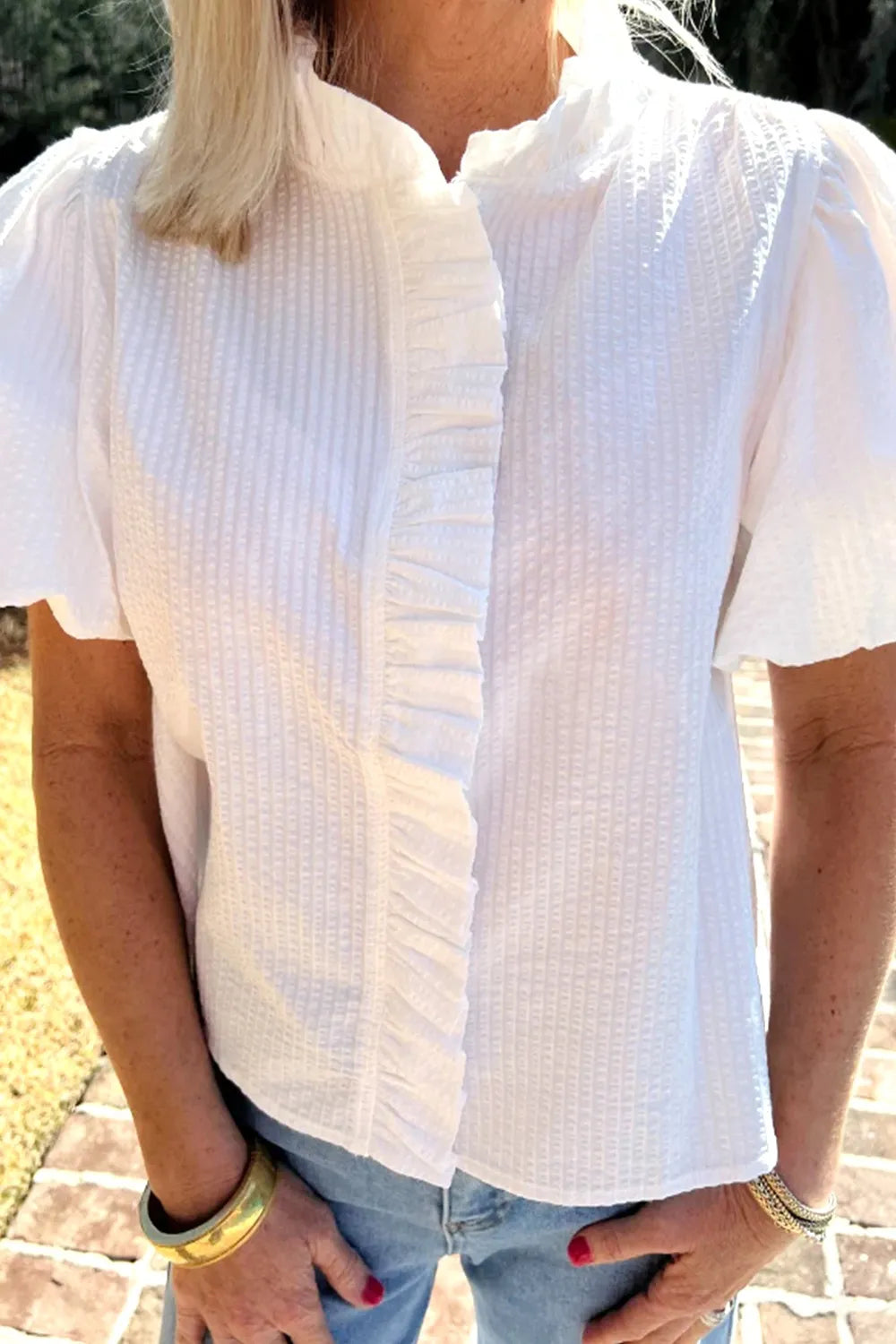 Striped Ruffle Short Bubble Sleeve Shirt White