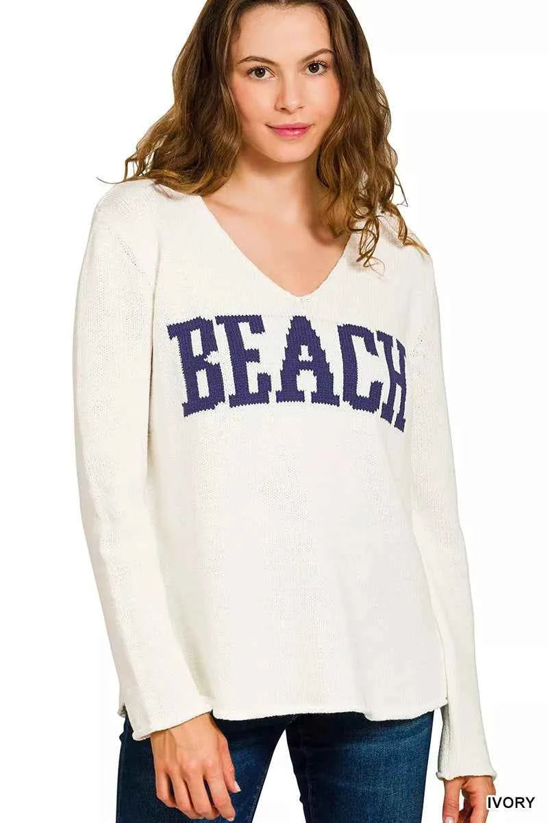 Zenana Beach V Neck Sweater IVORY 691a01c01de54868a71d8a297187342a-Max-Origin