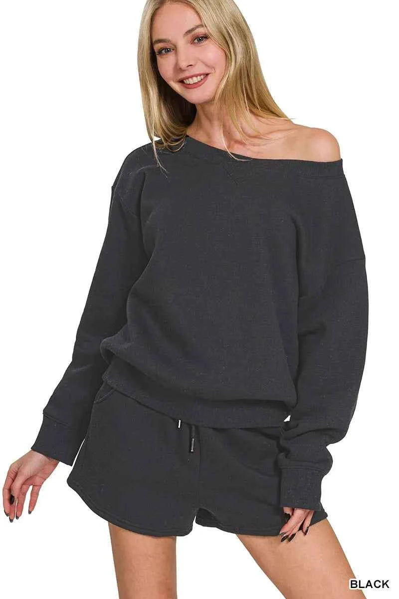 Zenana Fleece Boat Neck Sweatshirt and Shorts Set BLACK 69208999891f446b8bfb05a715ce3011-Max-Origin