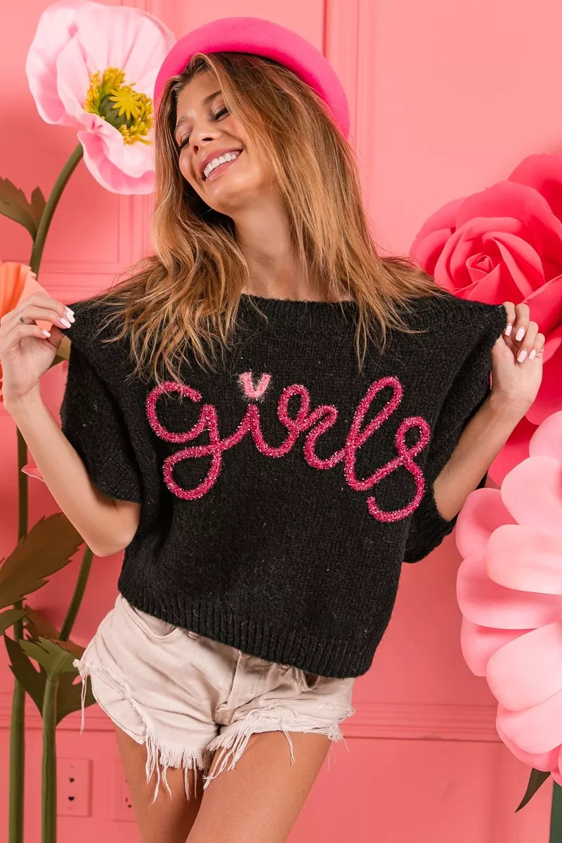 BiBi Metallic Letter Short Puff Sleeve Hairy Sweater 6988588a-05cf-4ca3-810e-d3da948596dc-Max-Origin