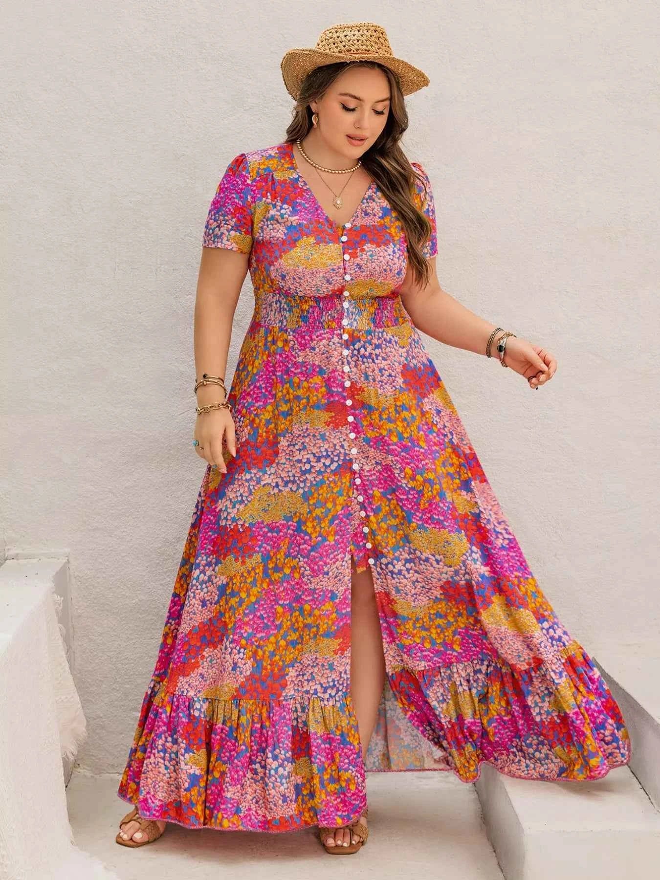 Plus Size Printed V-Neck Short Sleeve Maxi Dress Deep Rose 69bcb55a-eed5-4bb4-a66a-bcb8112080e3-Max-Origin