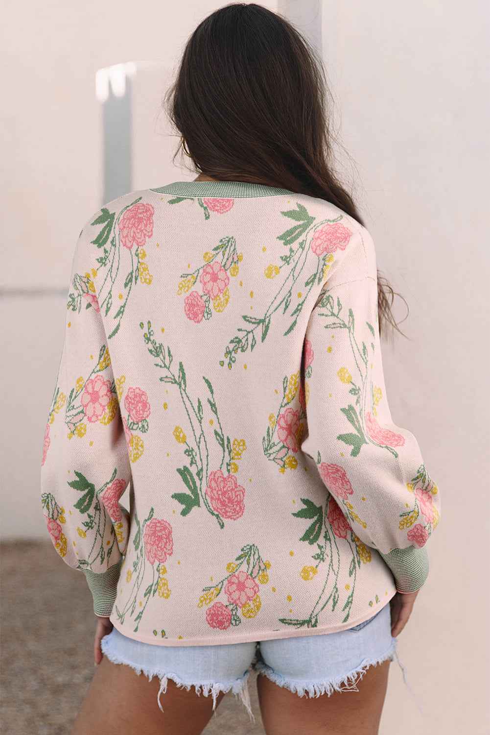 Pink Floral Striped Colorblock V Neck Loose Sweater 6a1893162d94ca37