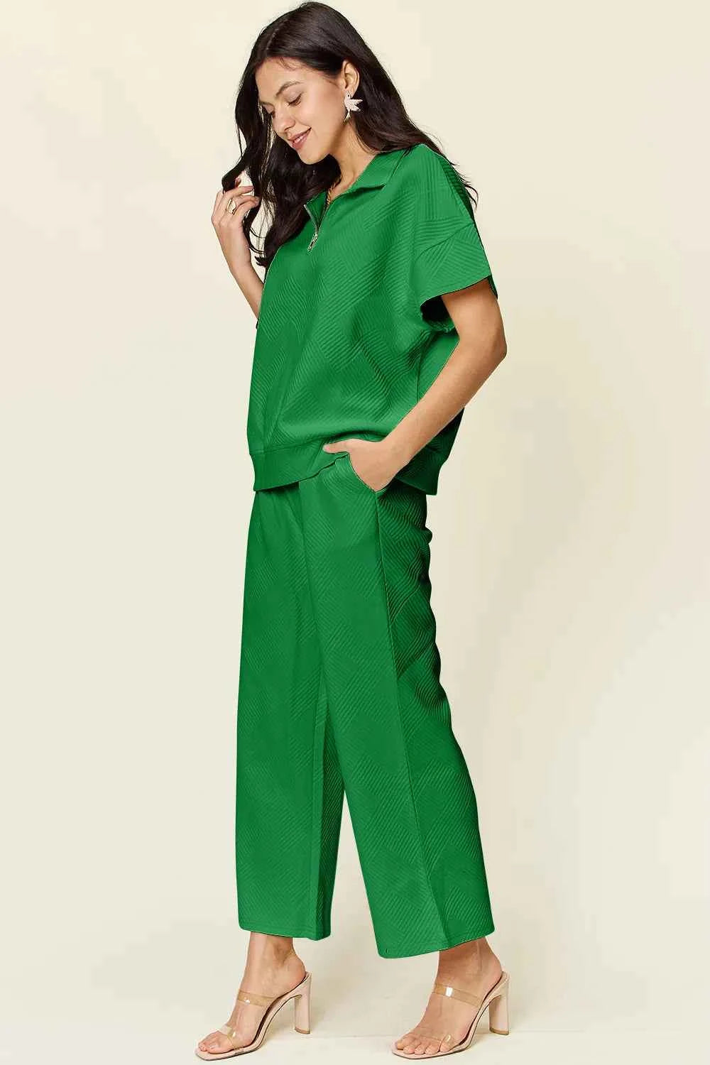 Double Take Full Size Texture Half Zip Short Sleeve Top and Pants Set 6a212cdf-3b73-48f2-9f6b-2b0447cdd388-Max