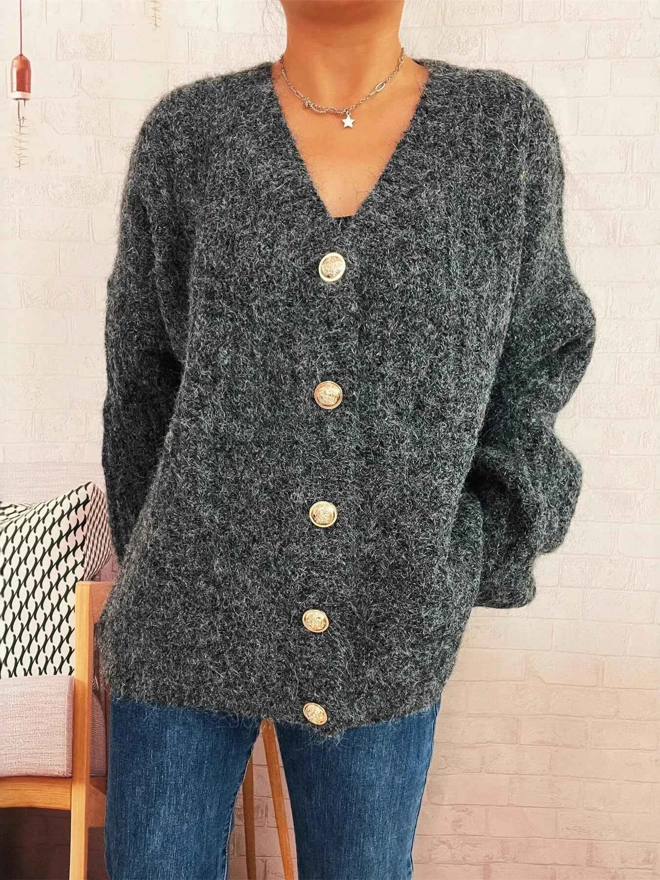 Cable Knit Button-Up Cardigan Dark Gray One Size 6a237f33fdf845689ab8db8c5e88bace-Max-Origin