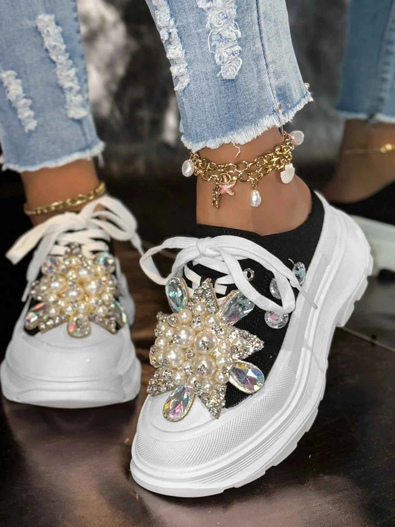 Pearl Embellished Platform Slip-Ons Black 6a67540e14684c52a20df90446b934f0-Max-Origin