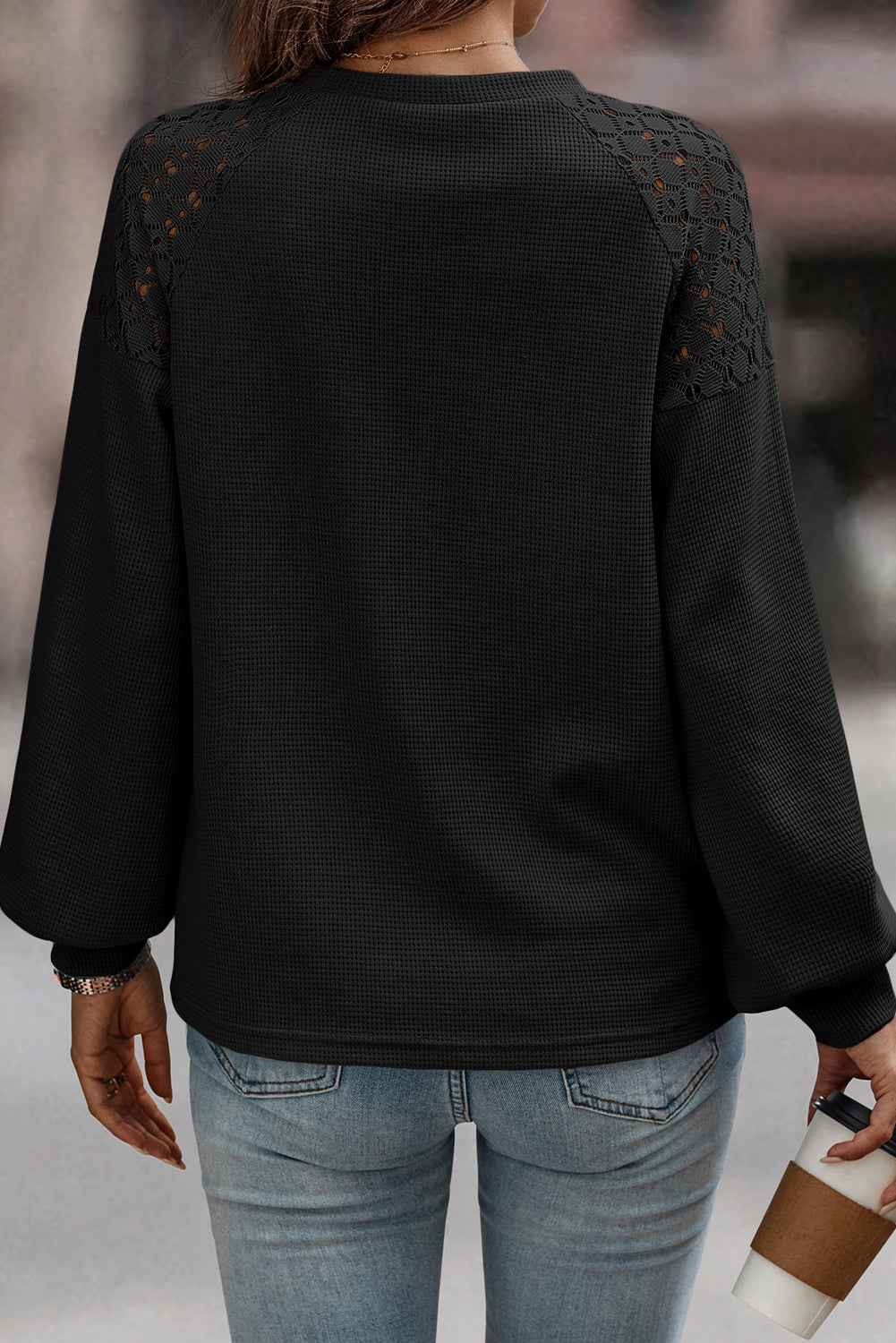 Real Teal Lace Patchwork Long Sleeve Textured Pullover 6aecd2a8f290d56a