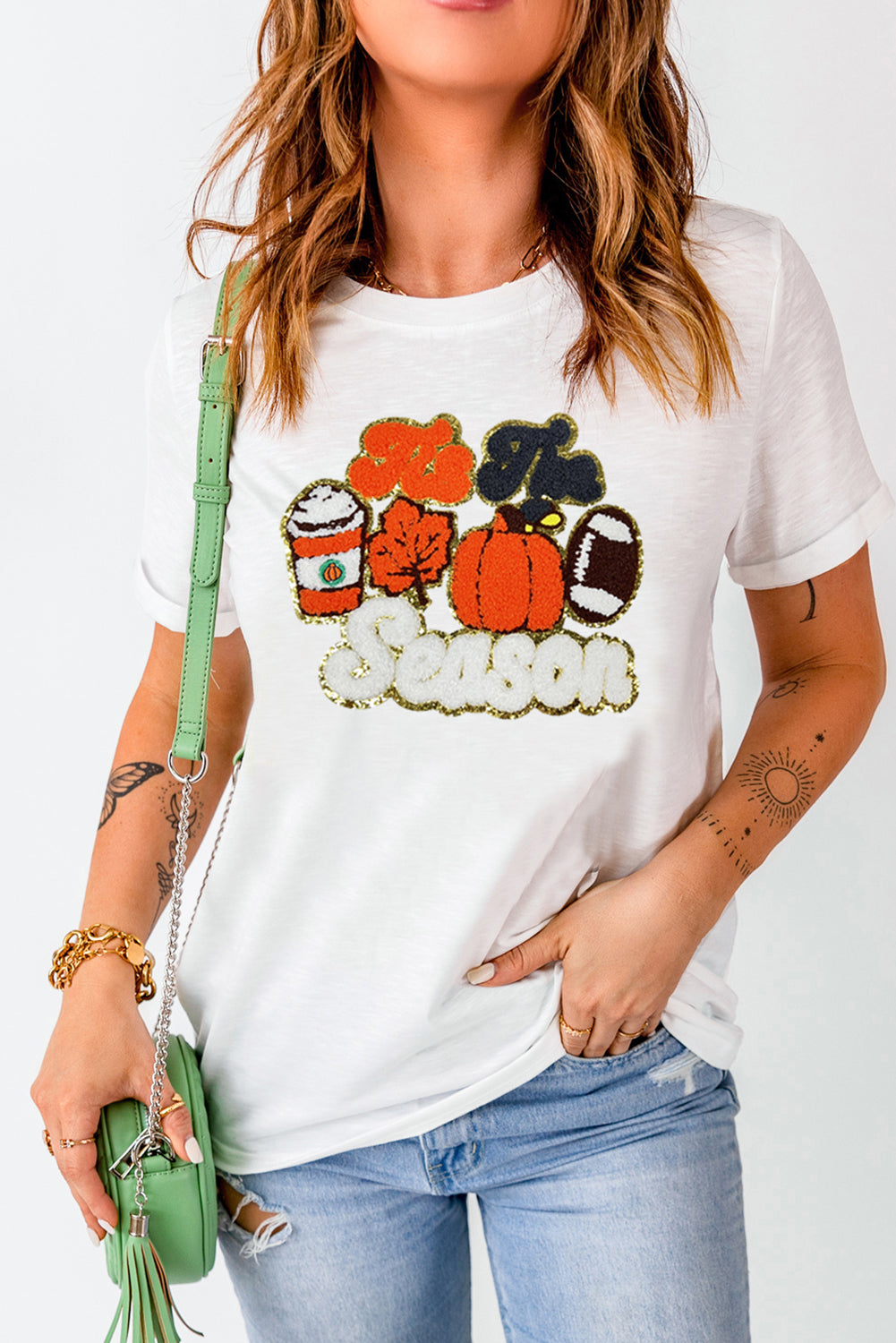 White Iis The Season Pumpkin Spice Terry Flocking Graphic Crewneck T Shirt 6b0a33044d987b17