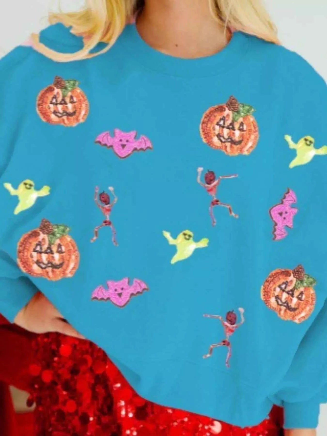 Halloween Sequin Round Neck Long Sleeve Sweatshirt Sky Blue 6b41c96a-c075-4734-a914-e5d7f650537f-Max-Origin