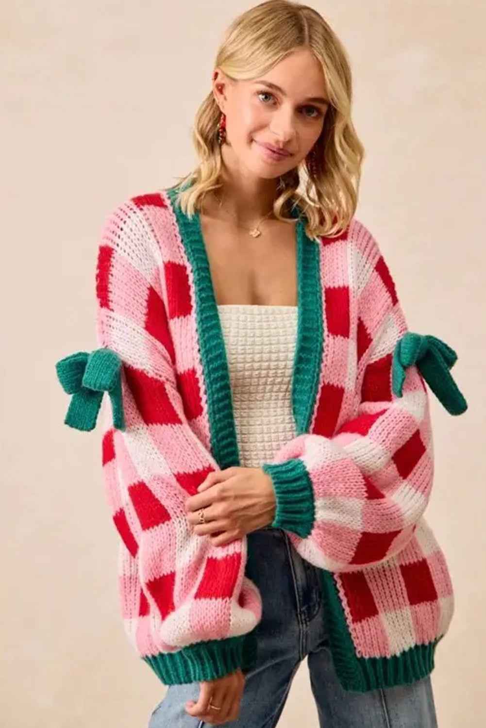 Pink Colorblock Checkered Open Front Knit Cardigan 6b4768bbd90d84ba